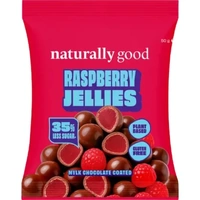 Naturally Good Mylk Choc Coated Raspberry Jellies 35% less sugar 50g