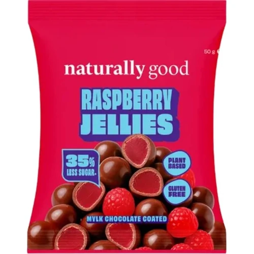 Naturally Good Mylk Choc Coated Raspberry Jellies 35% less sugar 50g